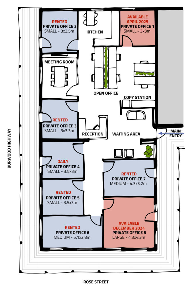 Floor plan of Hills HQ showing available offices