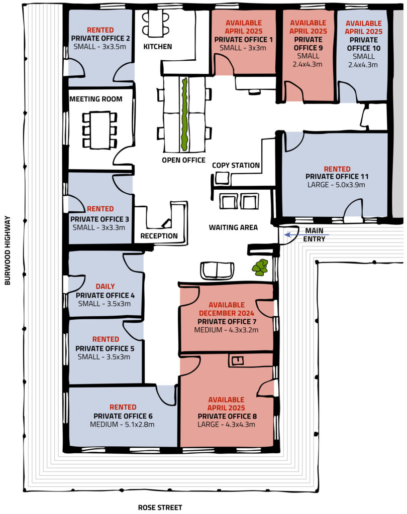 Floor plan of Hills HQ showing available offices