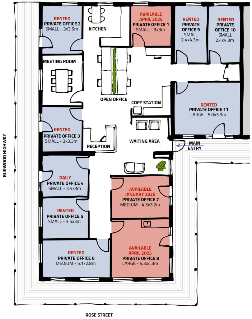 Floor plan of Hills HQ showing available offices