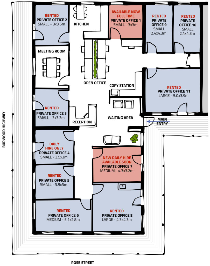 Floor plan of Hills HQ showing available offices