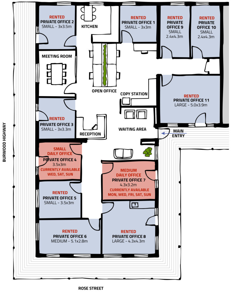 Floor plan of Hills HQ showing available offices