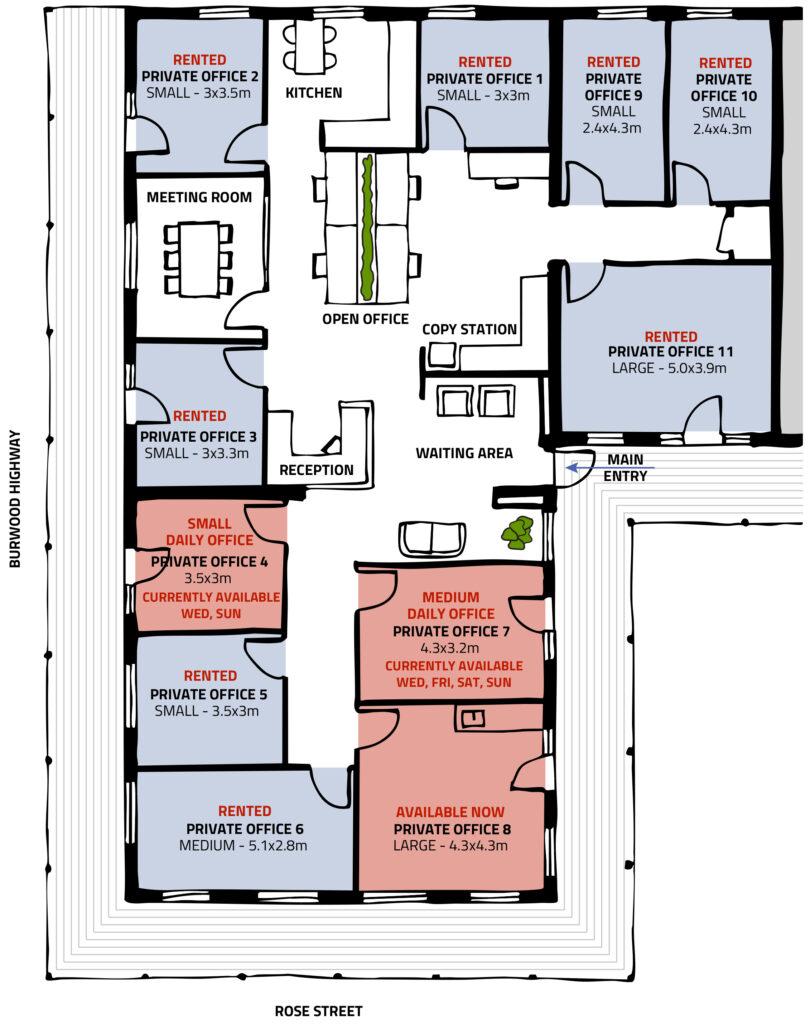 Floor plan of Hills HQ showing available offices
