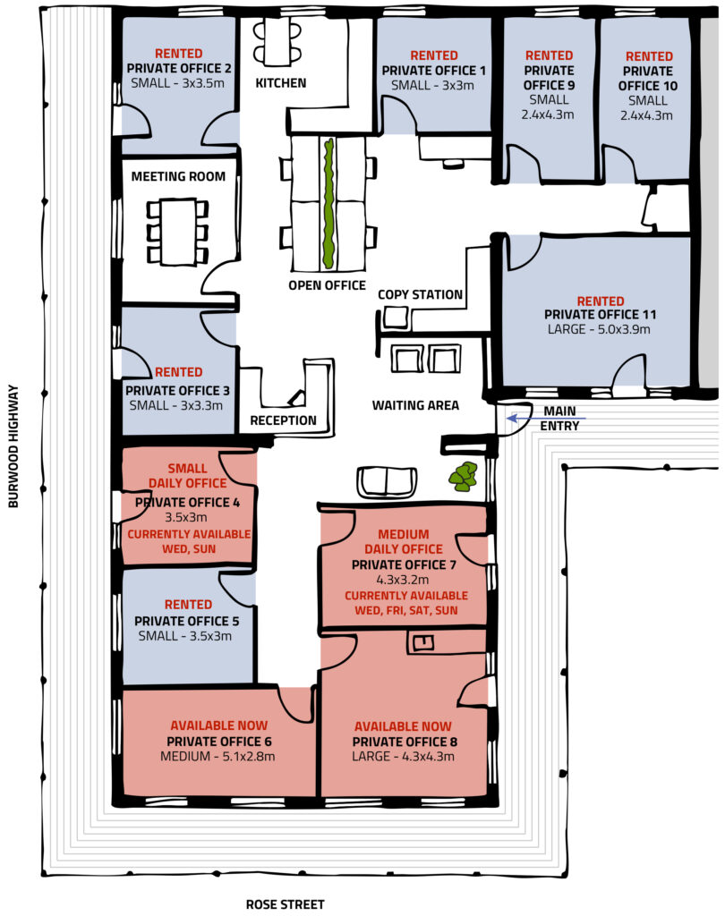 Floor plan of Hills HQ showing available offices