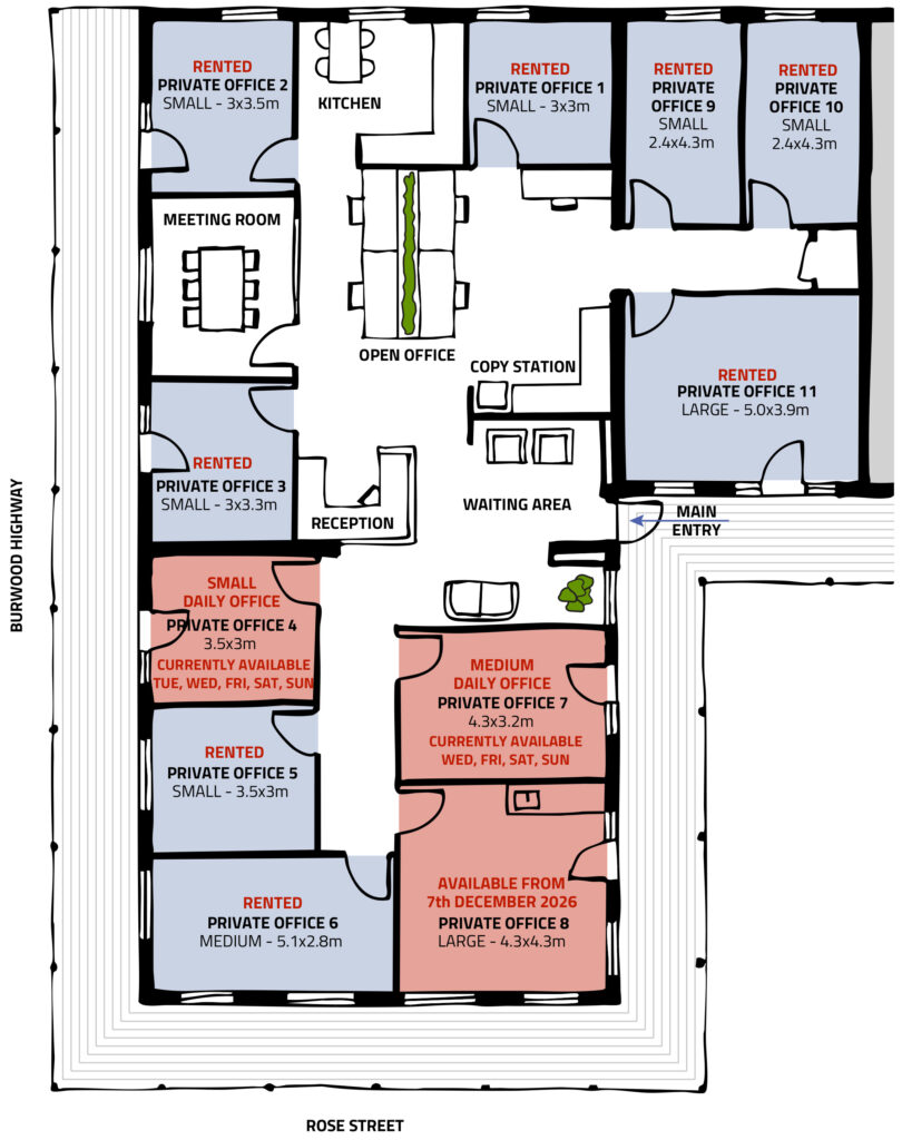Floor plan of Hills HQ showing available offices