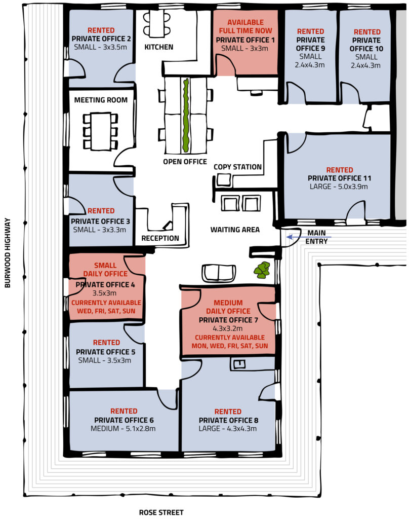 Floor plan of Hills HQ showing available offices